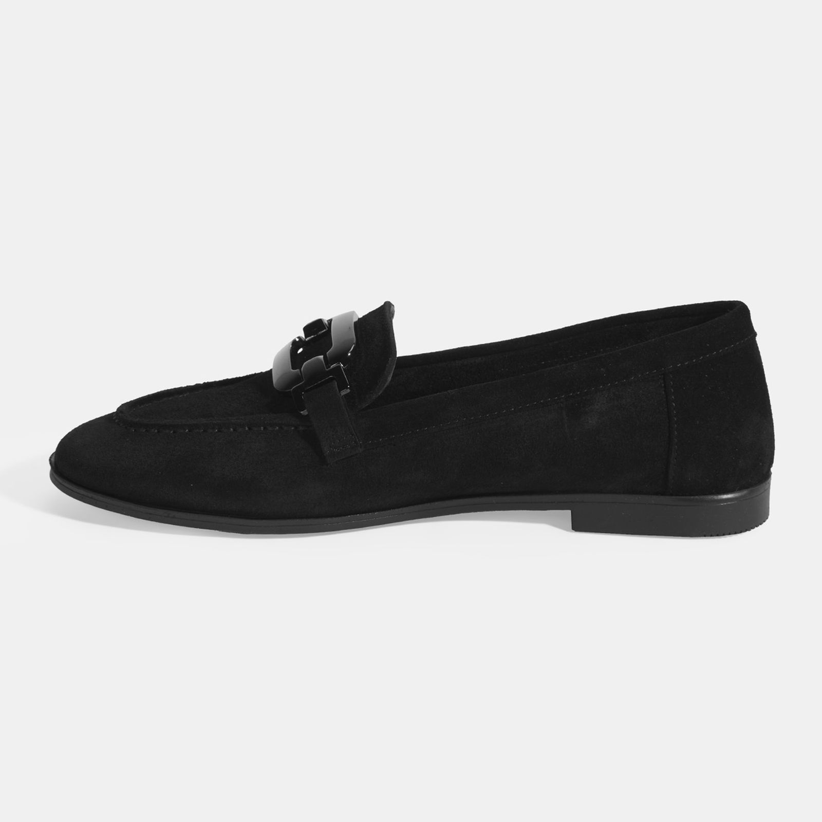Kadın Siyah Metal Aksesuarlı Süet Loafer