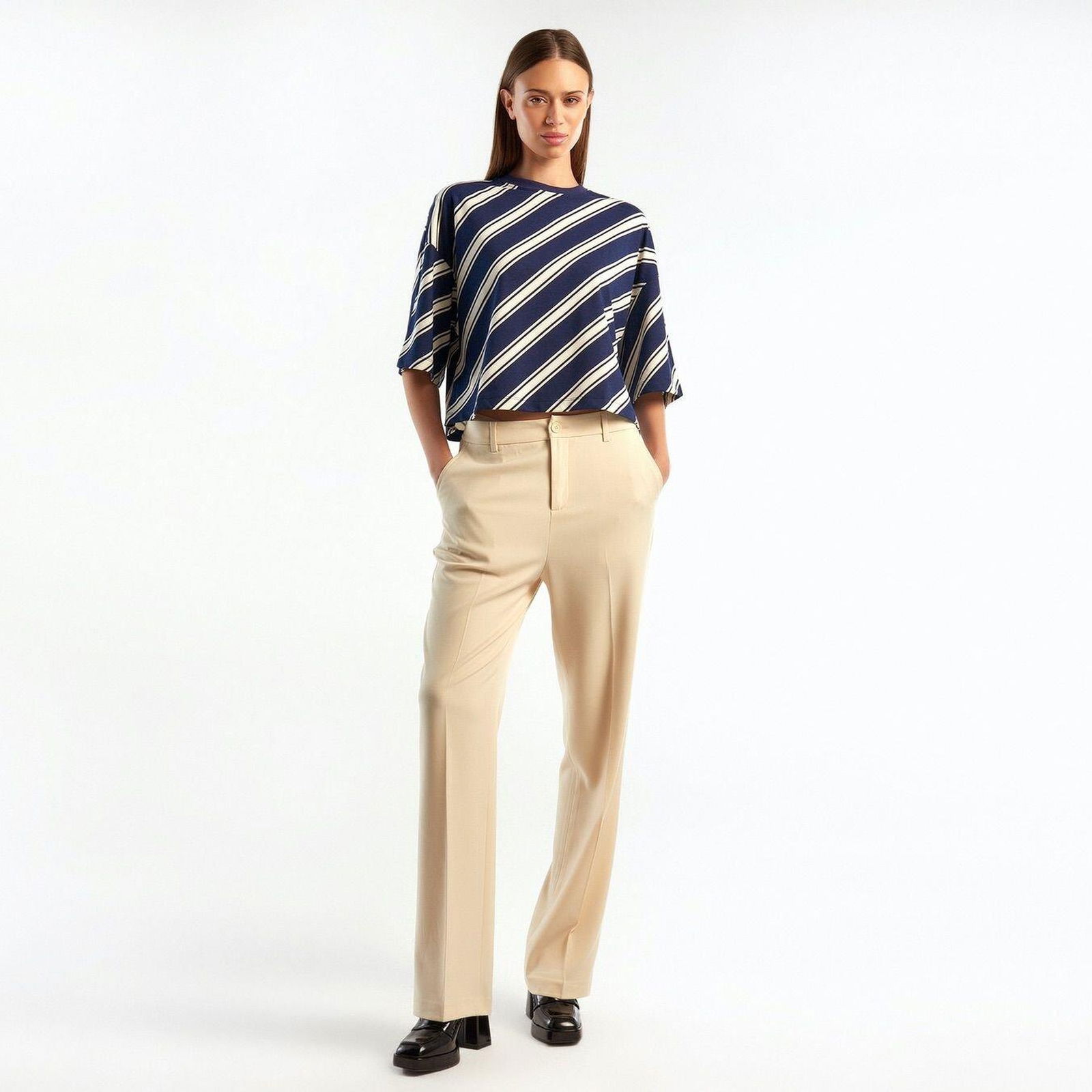 Kadın Lacivert Mix %100 Koton OversiZE Crop T-Shirt