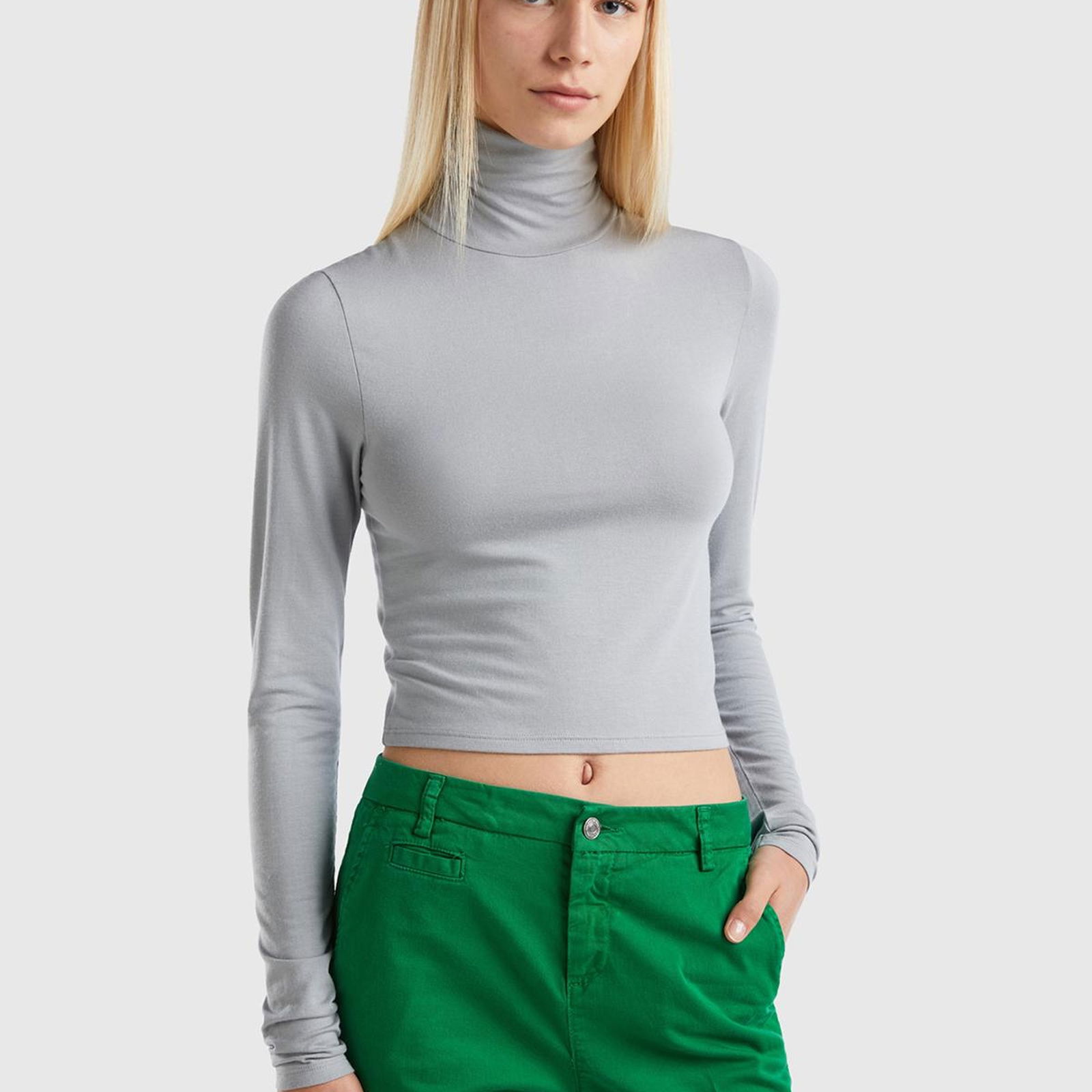 Kadın Açık Gri Yün/Viskoz Karışımlı Slim Fit Uzun Kollu Dik Yaka T-Shirt