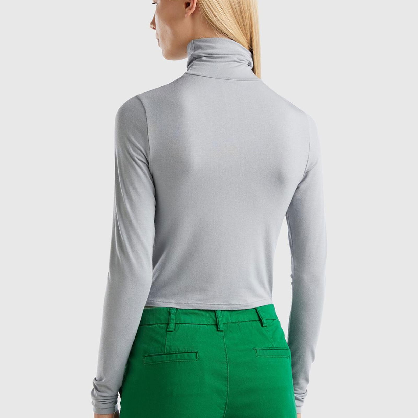 Kadın Açık Gri Yün/Viskoz Karışımlı Slim Fit Uzun Kollu Dik Yaka T-Shirt