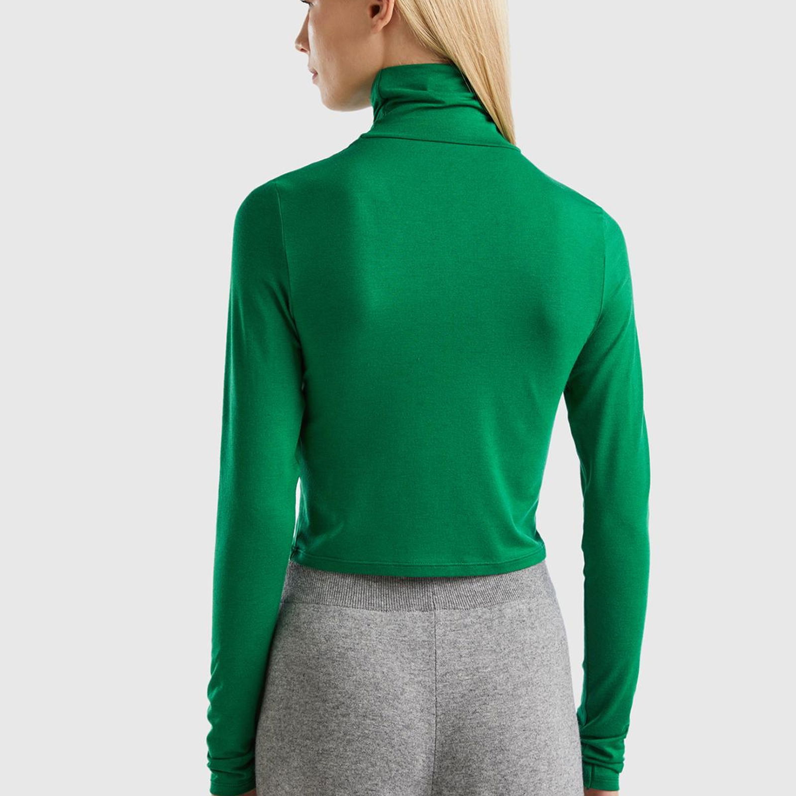 Kadın Yeşil Yün/Viskoz Karışımlı Slim Fit Uzun Kollu Dik Yaka T-Shirt