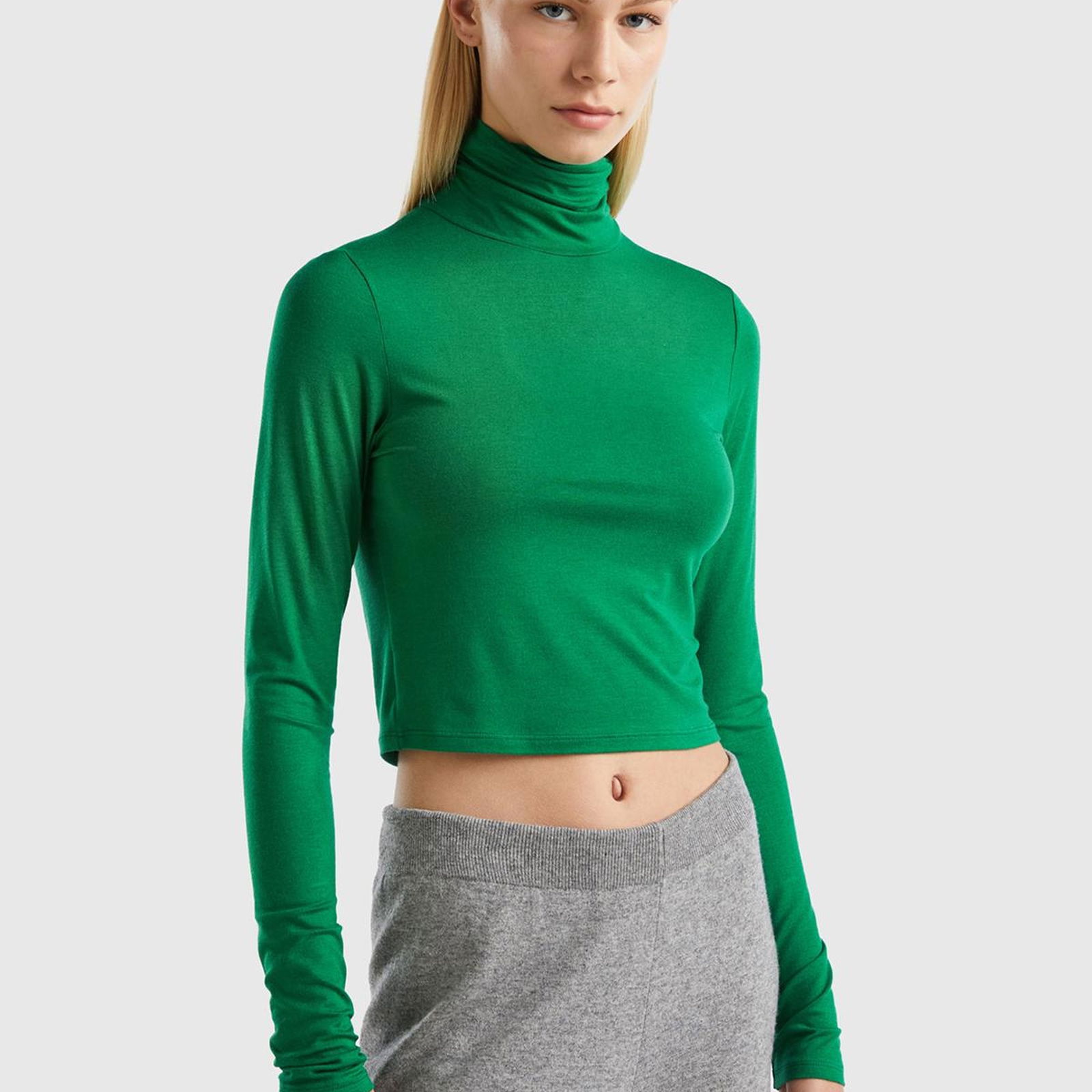 Kadın Yeşil Yün/Viskoz Karışımlı Slim Fit Uzun Kollu Dik Yaka T-Shirt