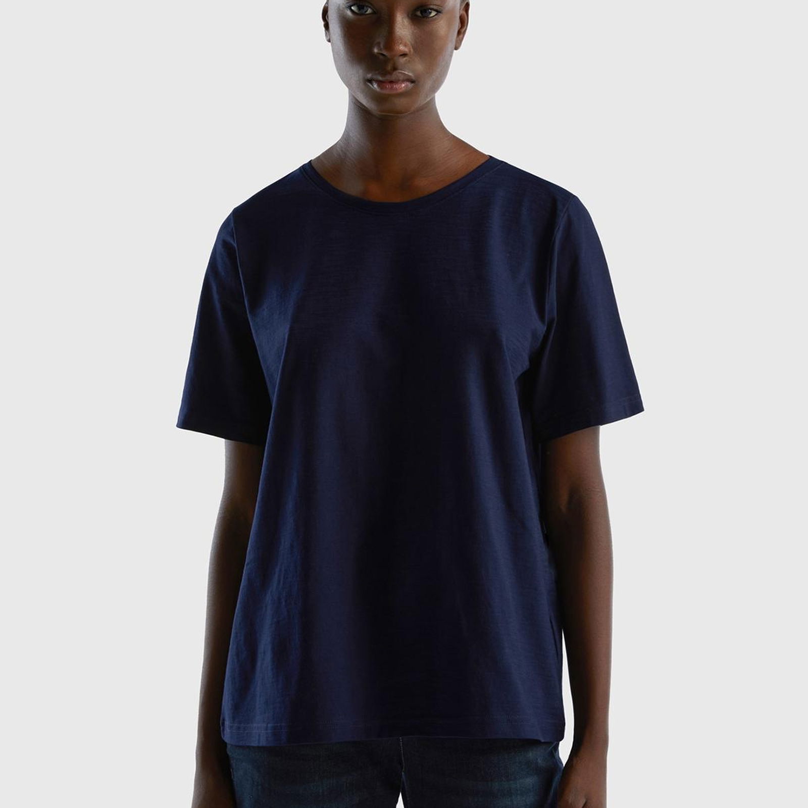 Kadın Lacivert %100 Koton Bisiklet Yaka T-Shirt