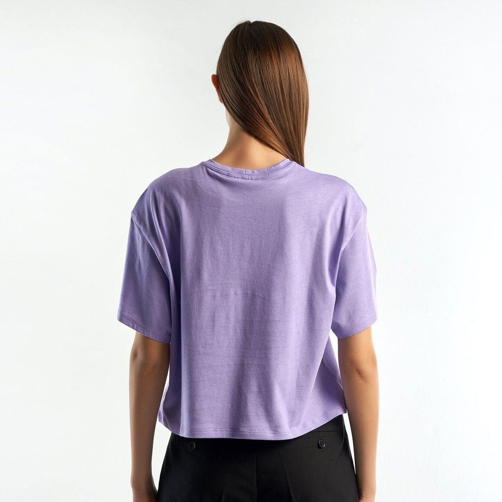 Kadın Lila %100 Koton Cebi Fırfırlı T-Shirt