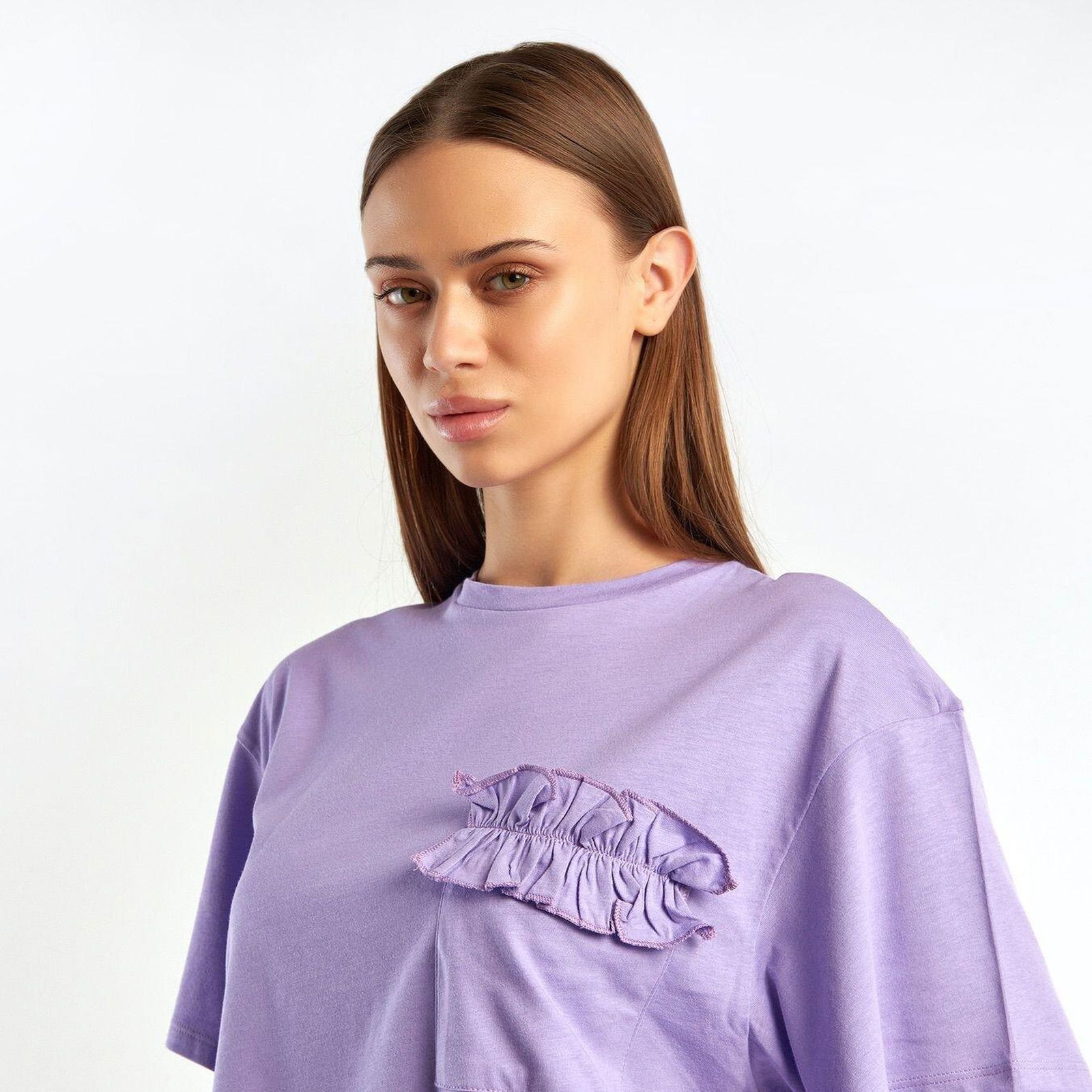 Kadın Lila %100 Koton Cebi Fırfırlı T-Shirt