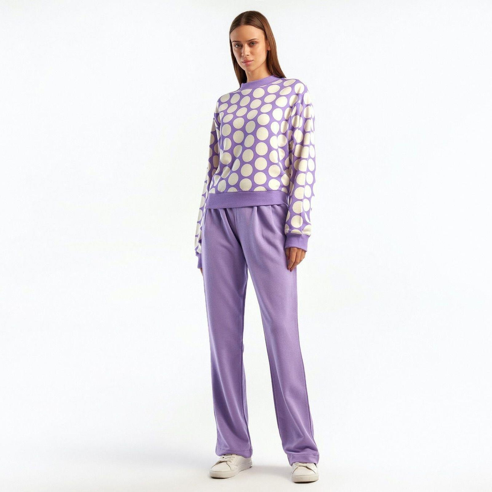 Kadın Lila Puantiyeli  Koton Sweatshirt