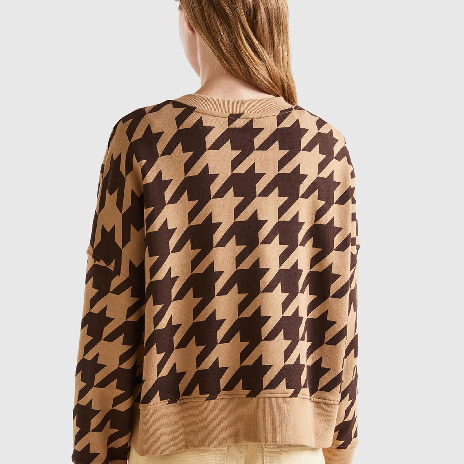 Kadın Kahverengi Kazayağı Desenli Boxy Fit Sweatshirt