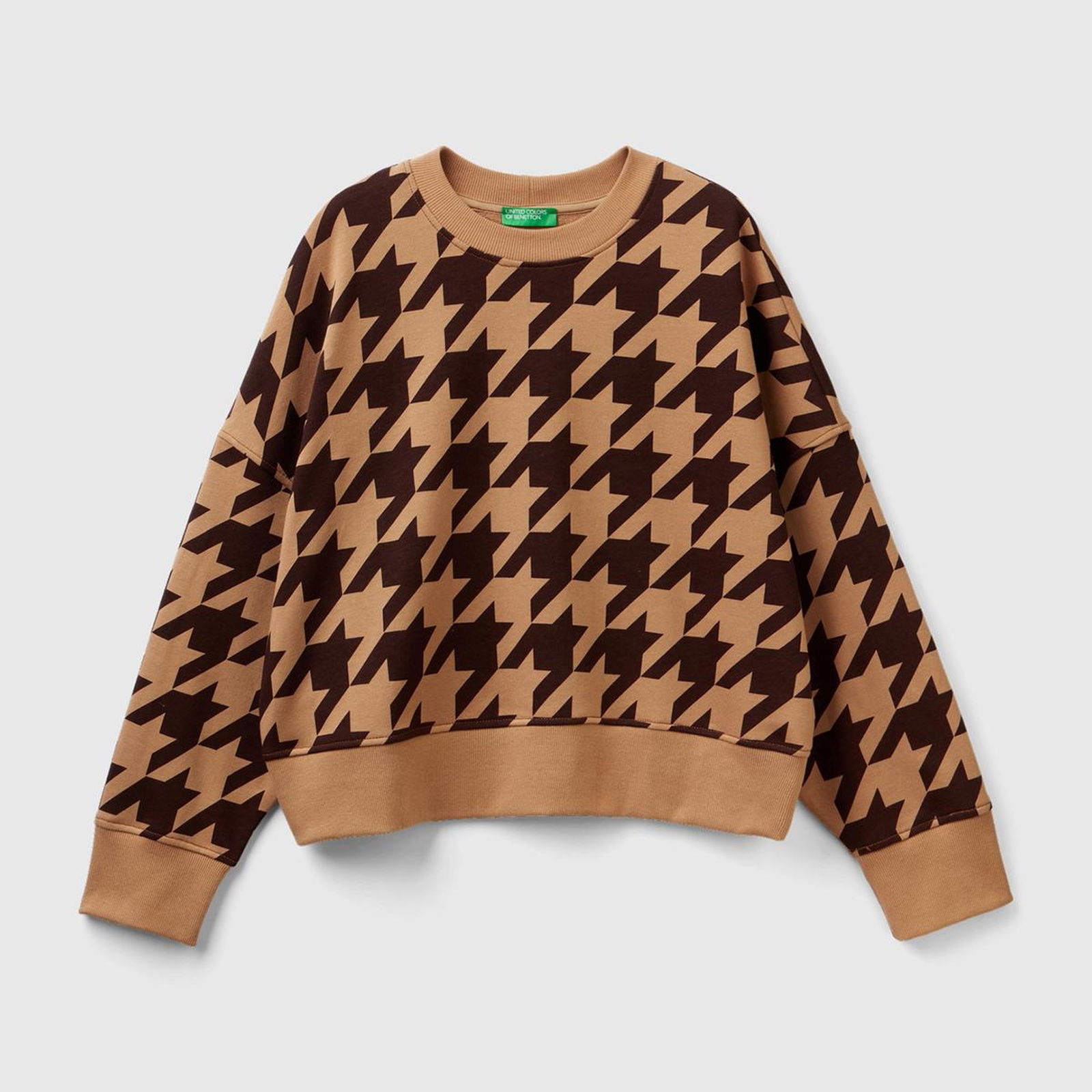 Kadın Kahverengi Kazayağı Desenli Boxy Fit Sweatshirt