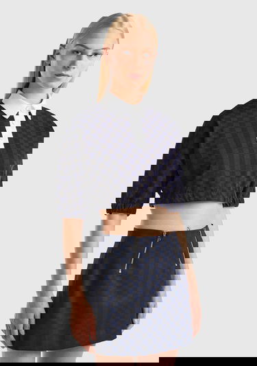  Kadın Lacivert Mix Dama Desenli Kısa Kollu Crop Koton Gömlek
