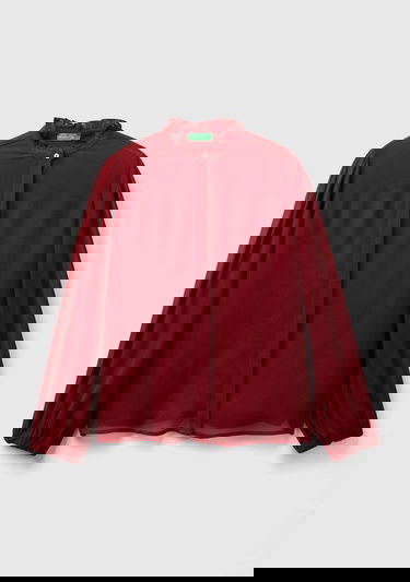  Kadın Bordo %100 Viskoz Balon Kol Gömlek