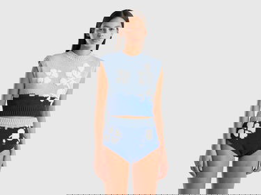  Kadın Lacivert Çiçek Desenli Koton Karışımlı Crop Yelek
