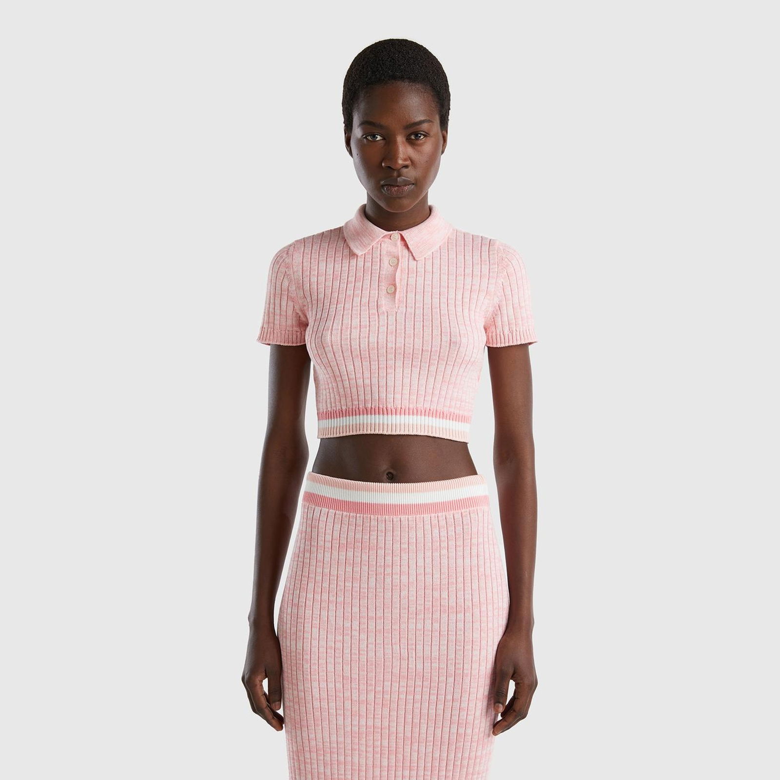 Kadın Pembe Polo Yaka Dar Kesim Muline Ribana Crop