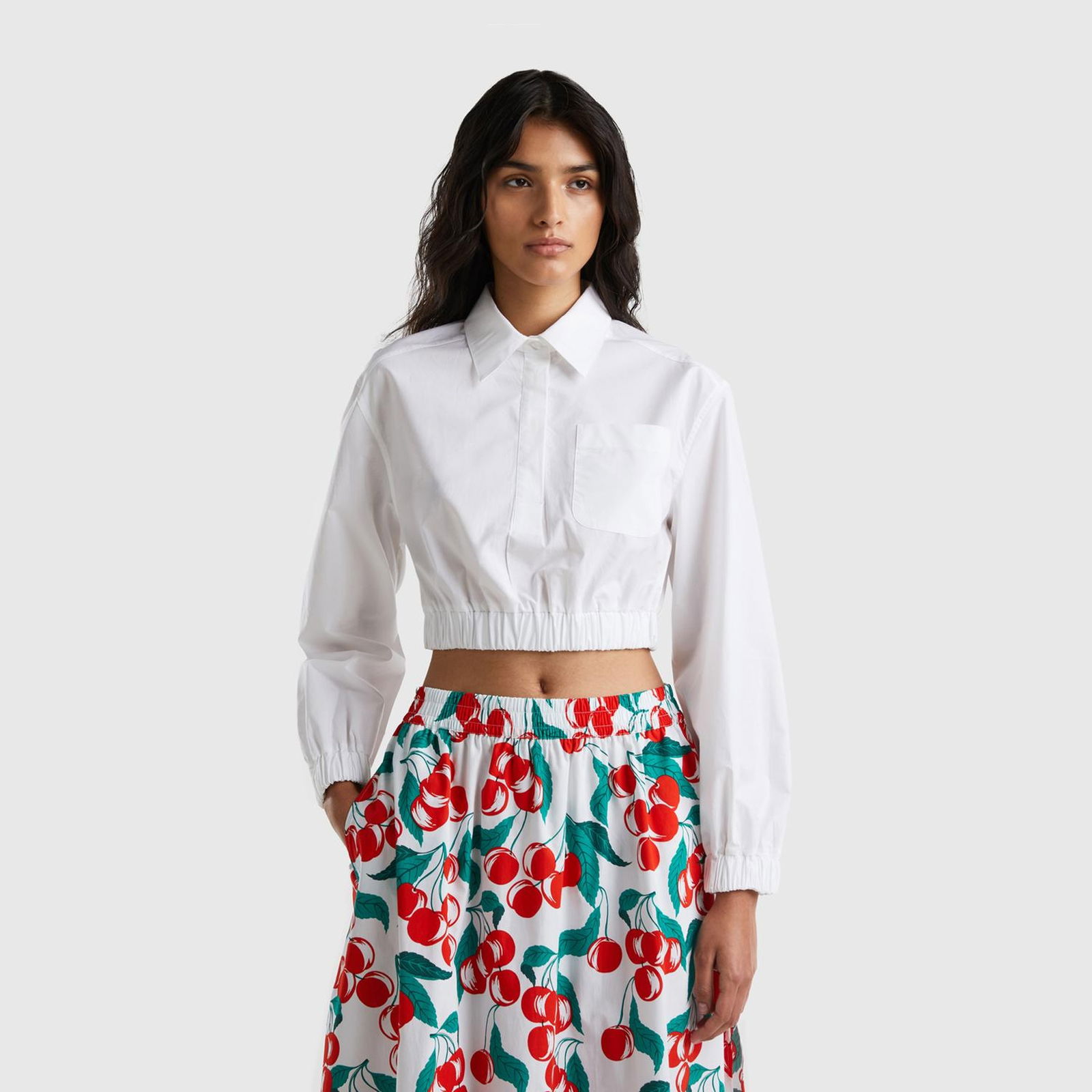 Kadın Beyaz Gömlek Yaka Lastikli Poplin Crop Bluz
