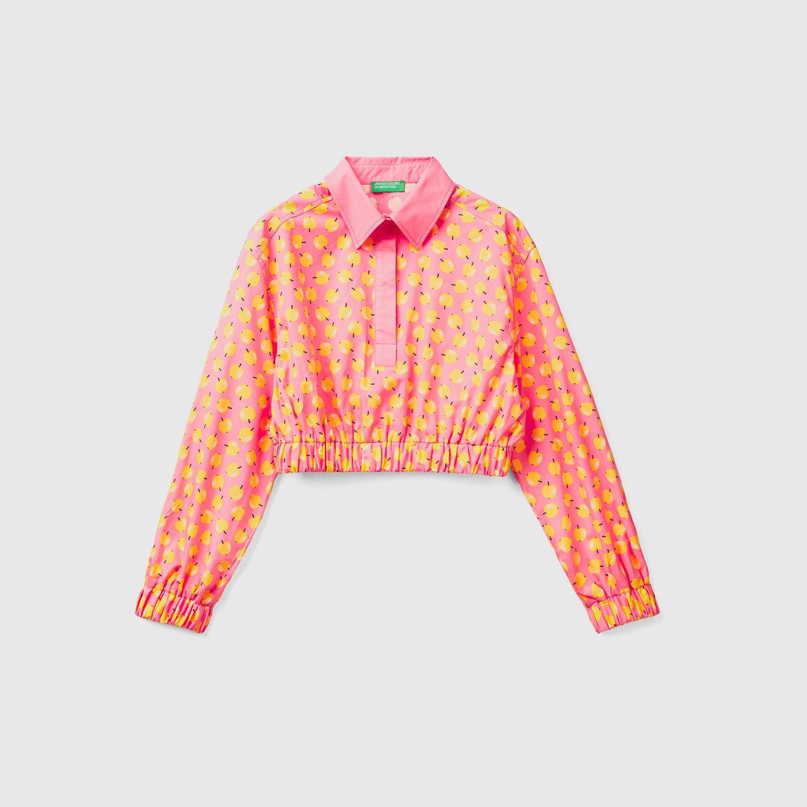 Kadın Pembe Mix  Meyve Desenli Gömlek Yaka Lastikli Poplin Crop Bluz