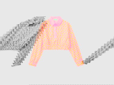  Kadın Pembe Mix  Meyve Desenli Gömlek Yaka Lastikli Poplin Crop Bluz
