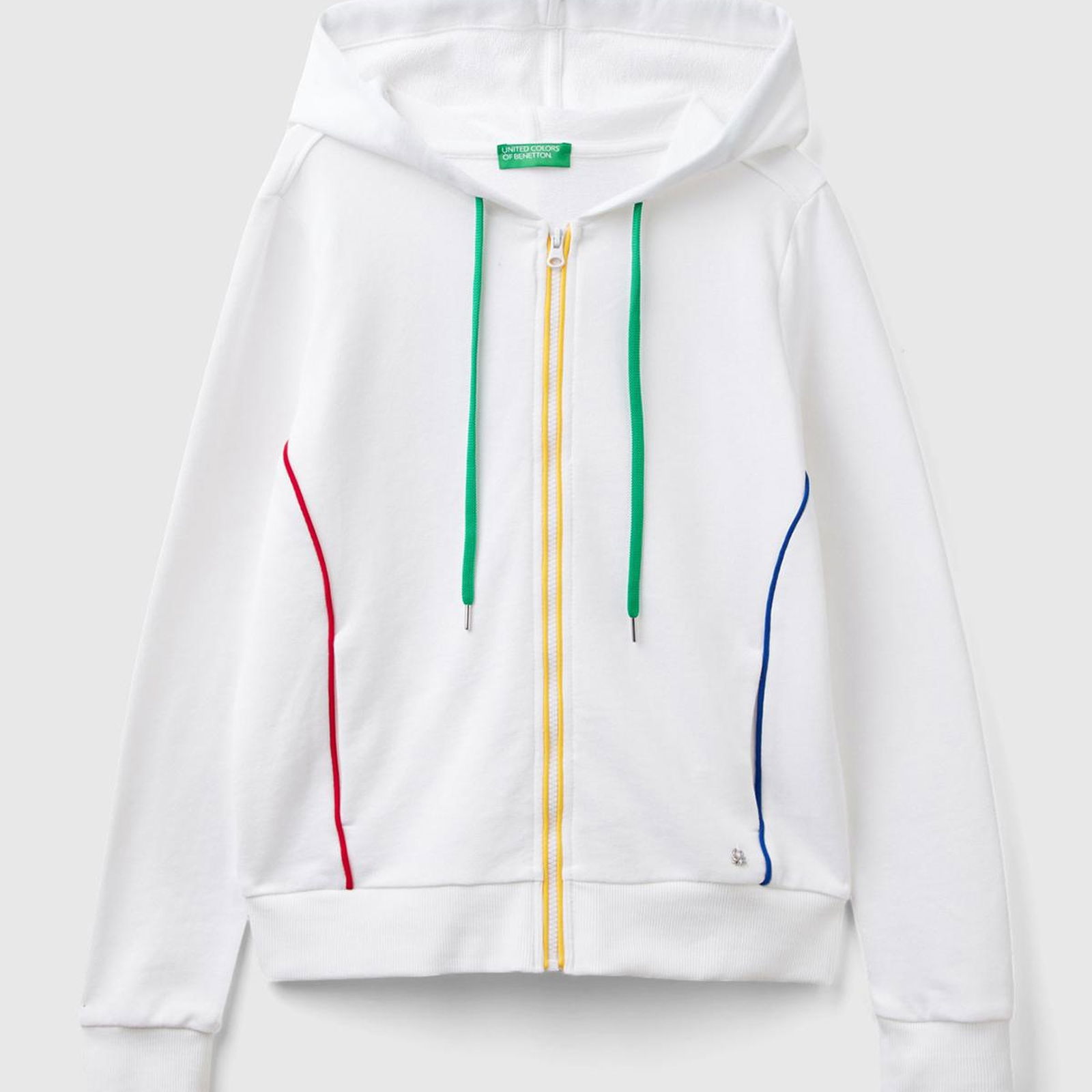 Kadın Beyaz %100 Koton Fermuarlı Kapüşonlu Renkli Biyeli Sweatshirt