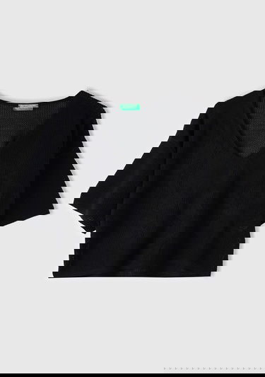  Kadın Siyah Pamuk Modal Karışımlı Motifli V Yaka Crop Triko T-Shirt