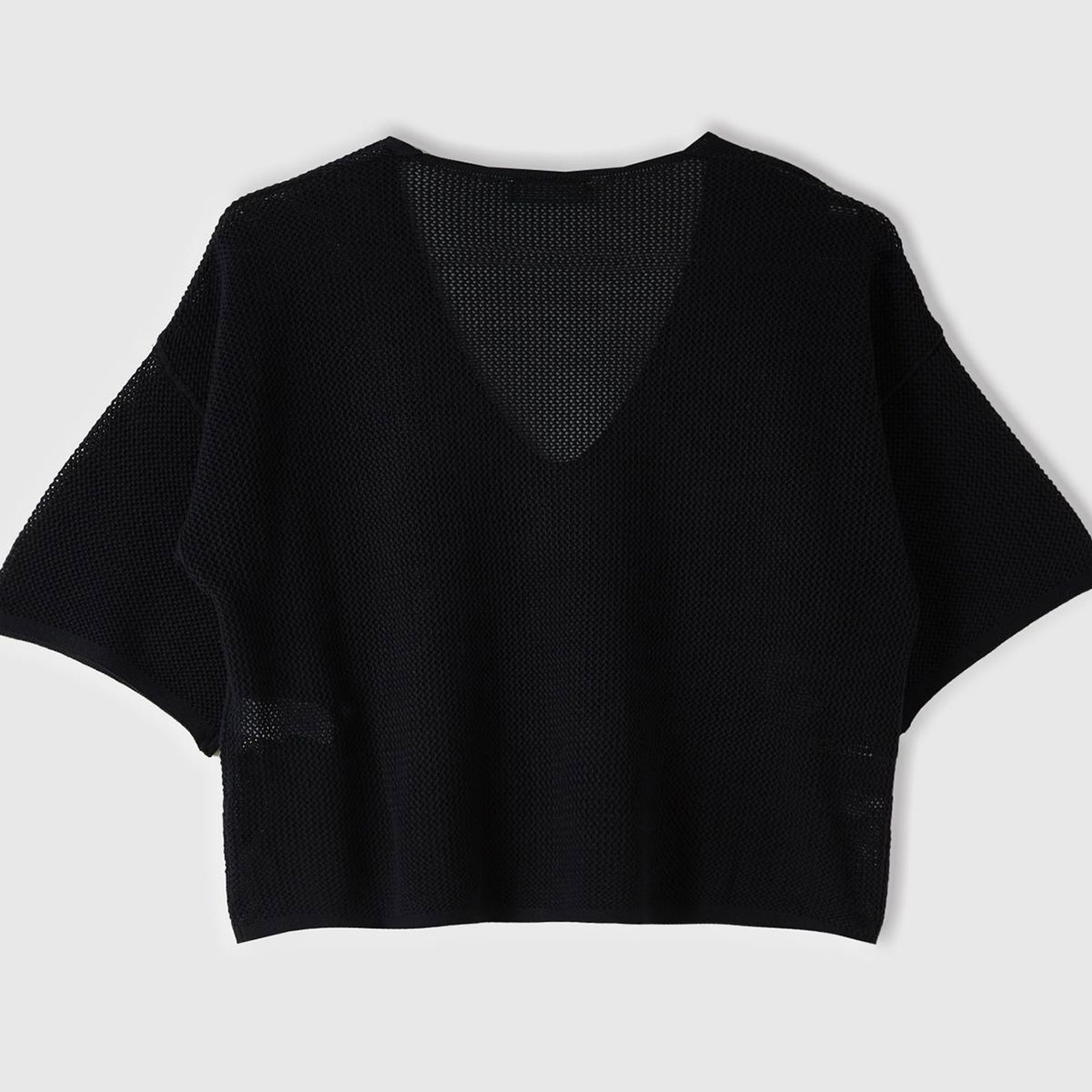 Kadın Siyah Pamuk Modal Karışımlı Motifli V Yaka Crop Triko T-Shirt