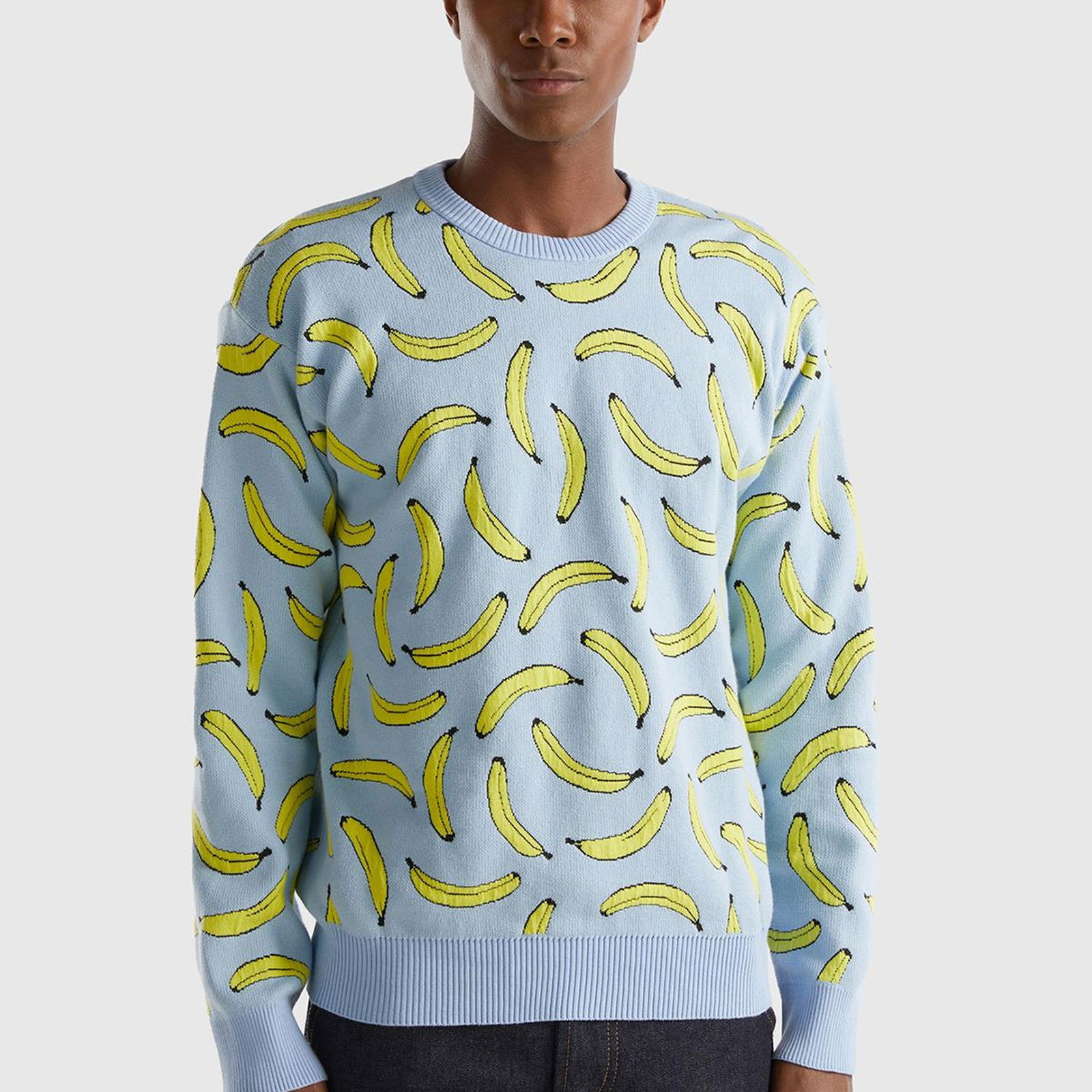 Erkek Açık Mavi Pamuk Karışımlı Meyve Desenli Bisiklet Yaka Triko Sweatshirt