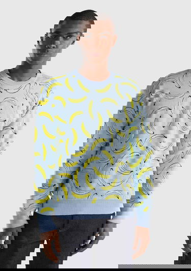  Erkek Açık Mavi Pamuk Karışımlı Meyve Desenli Bisiklet Yaka Triko Sweatshirt