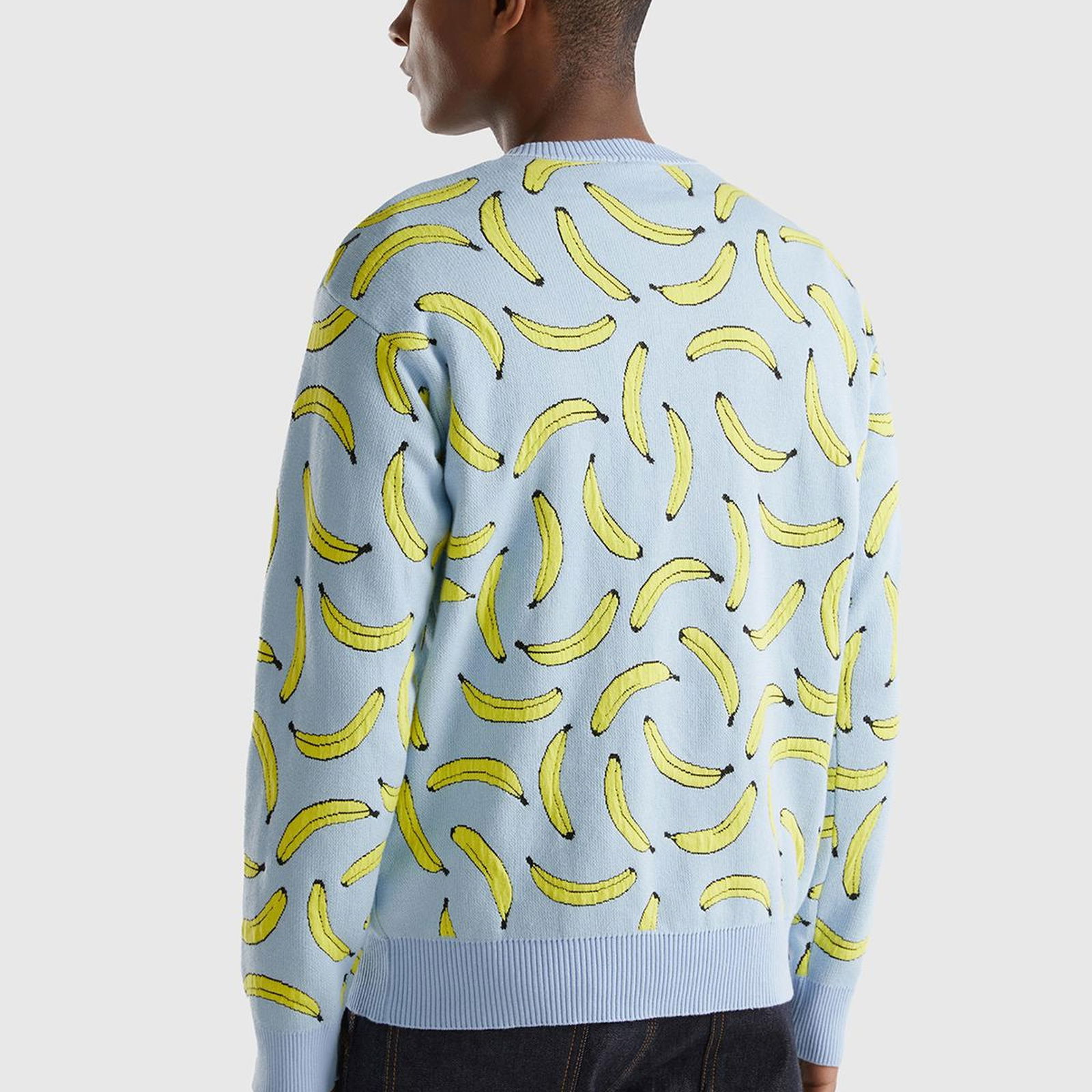 Erkek Açık Mavi Pamuk Karışımlı Meyve Desenli Bisiklet Yaka Triko Sweatshirt