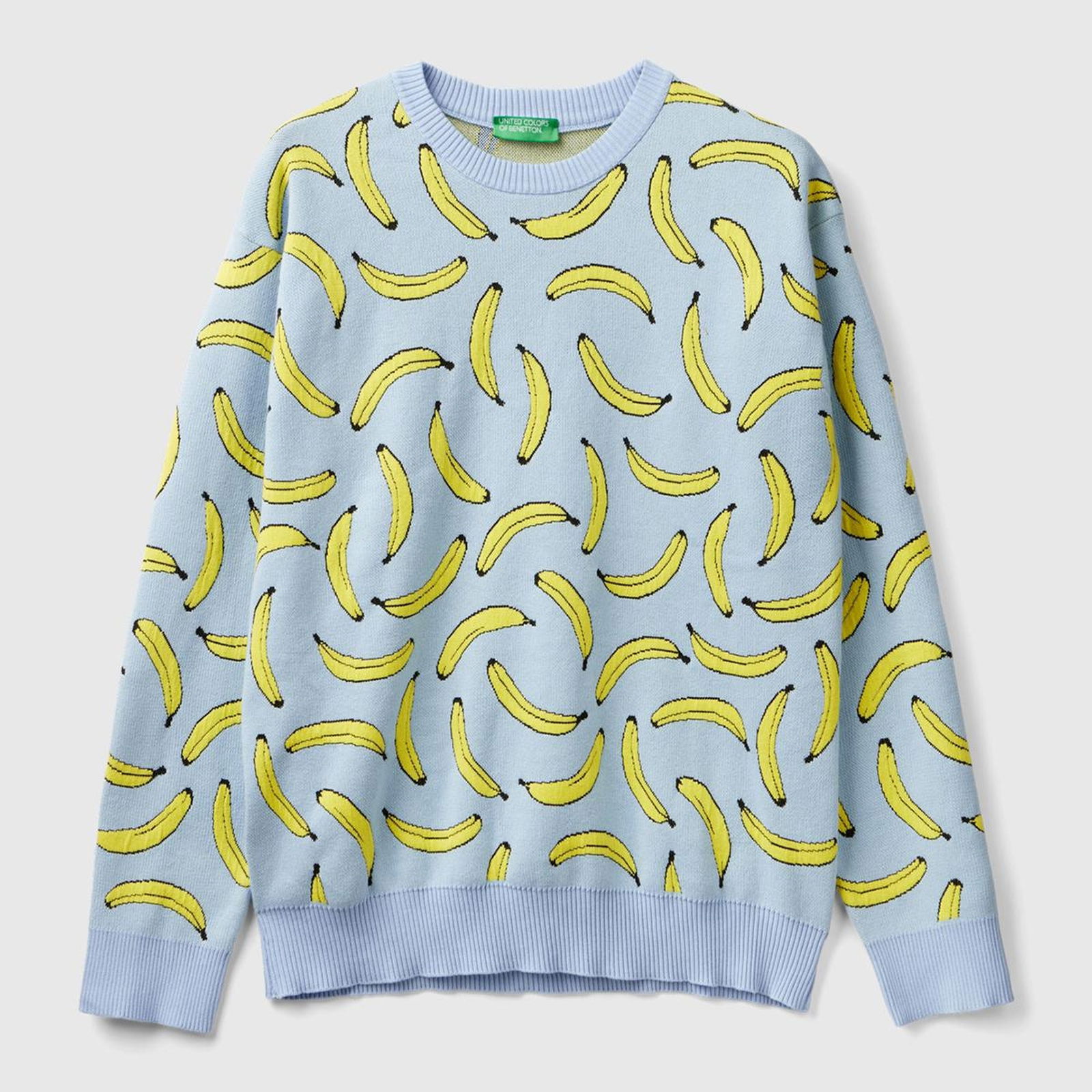 Erkek Açık Mavi Pamuk Karışımlı Meyve Desenli Bisiklet Yaka Triko Sweatshirt