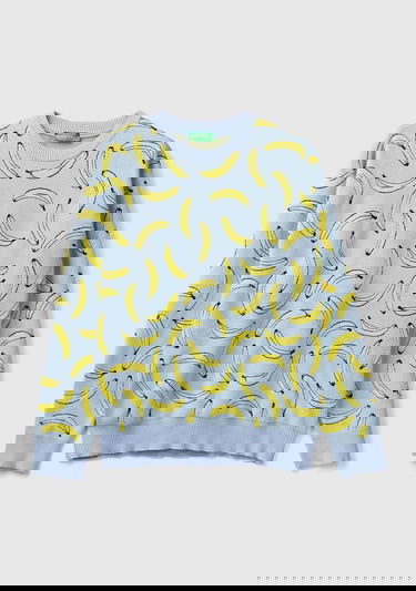  Erkek Açık Mavi Pamuk Karışımlı Meyve Desenli Bisiklet Yaka Triko Sweatshirt