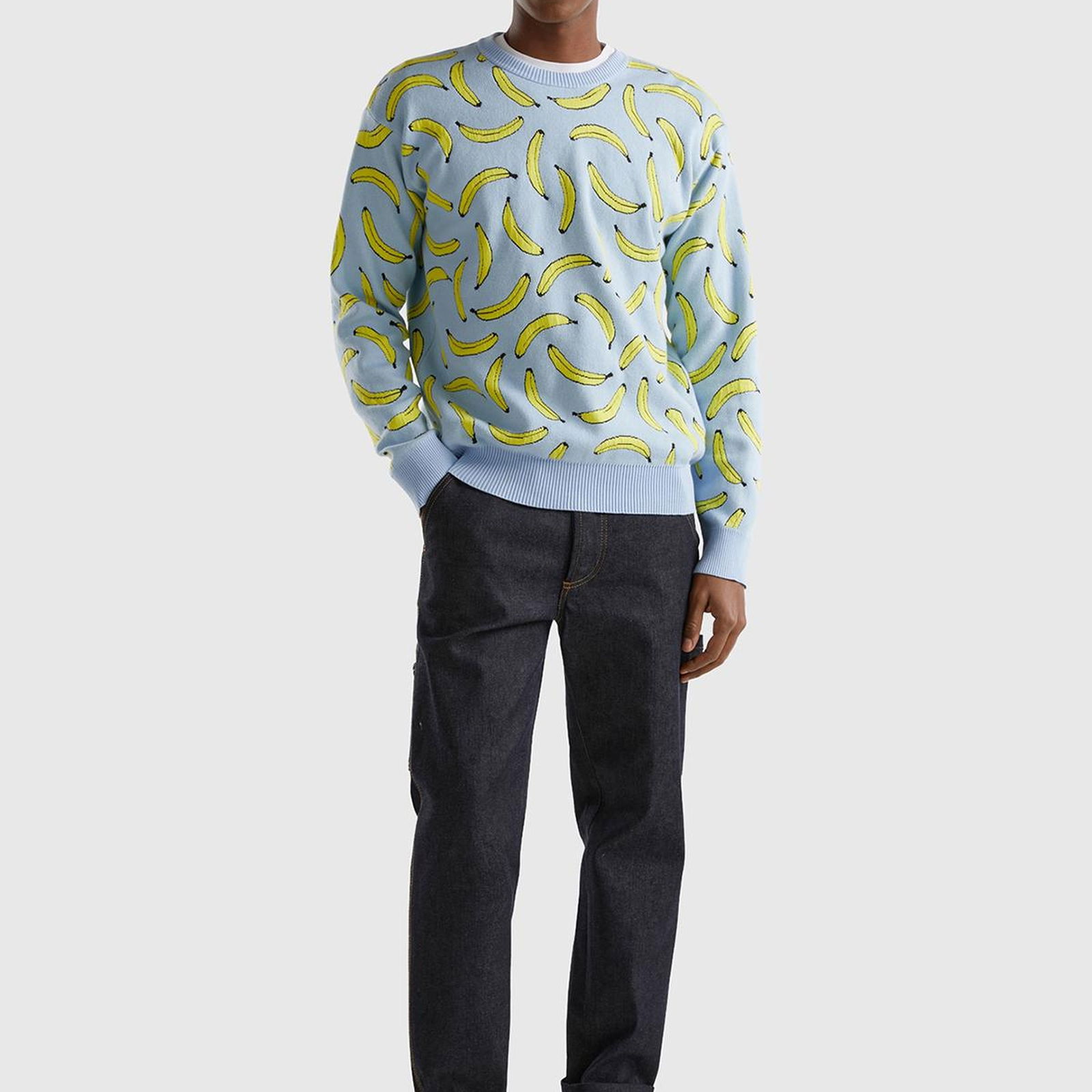 Erkek Açık Mavi Pamuk Karışımlı Meyve Desenli Bisiklet Yaka Triko Sweatshirt