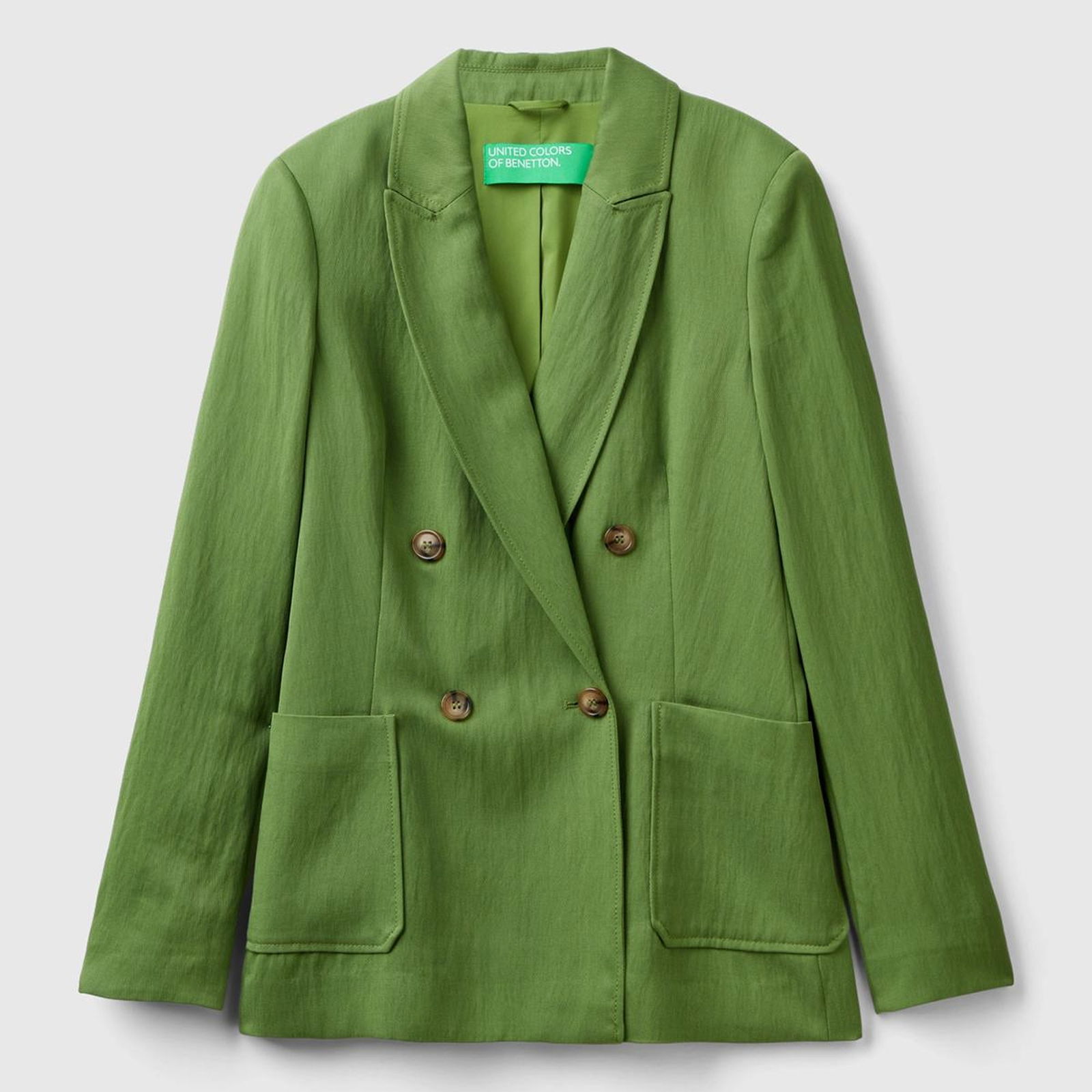 Kadın Soluk Yeşil Liyosel ve Viskoz Karışımlı Yama Cepli Kruvaze Blazer Ceket