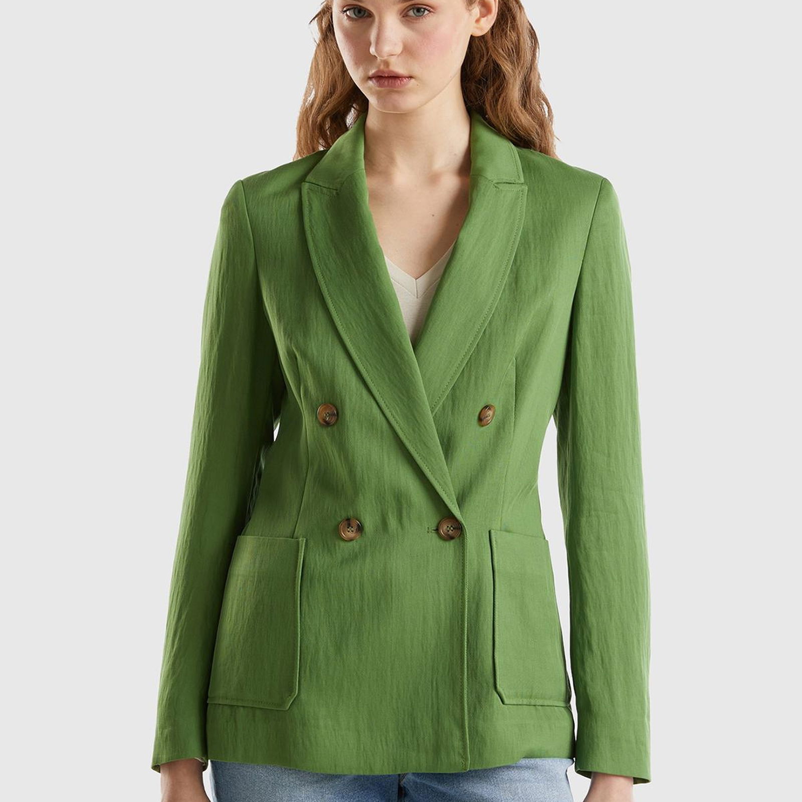 Kadın Soluk Yeşil Liyosel ve Viskoz Karışımlı Yama Cepli Kruvaze Blazer Ceket