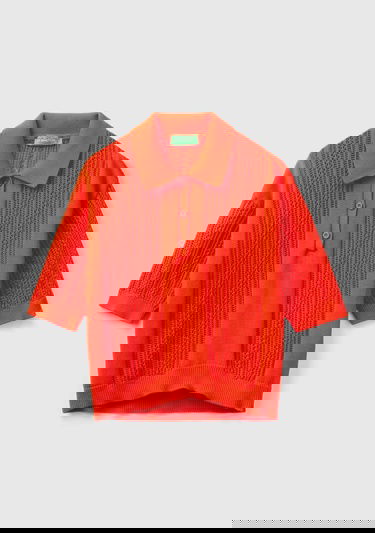  Kadın Nar Çiçeği %100 Pamuk Tığ İşi Kolları Büzgülü Polo Yaka Triko T-Shirt
