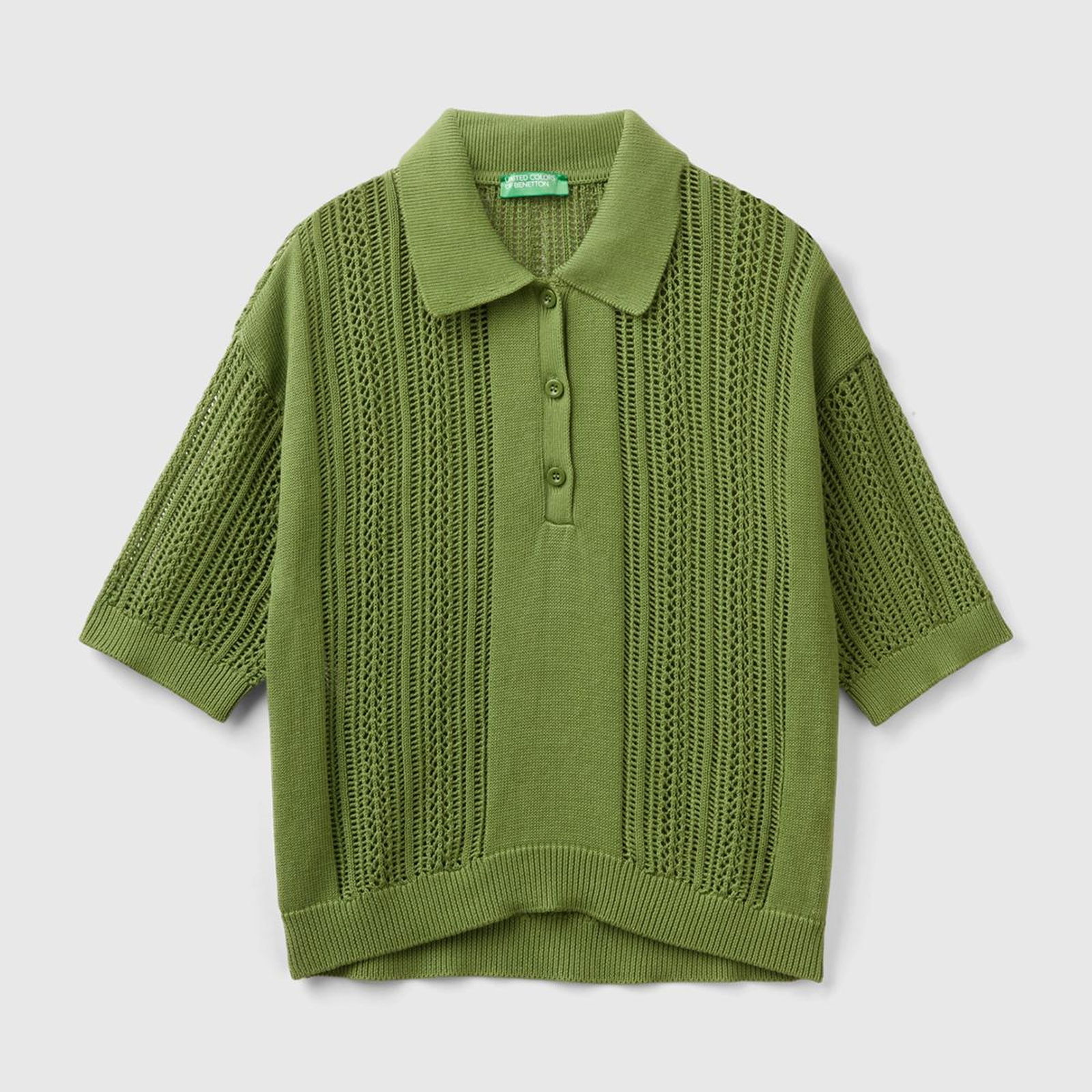 Kadın Soluk Yeşil %100 Pamuk Tığ İşi Kolları Büzgülü Polo Yaka Triko T-Shirt