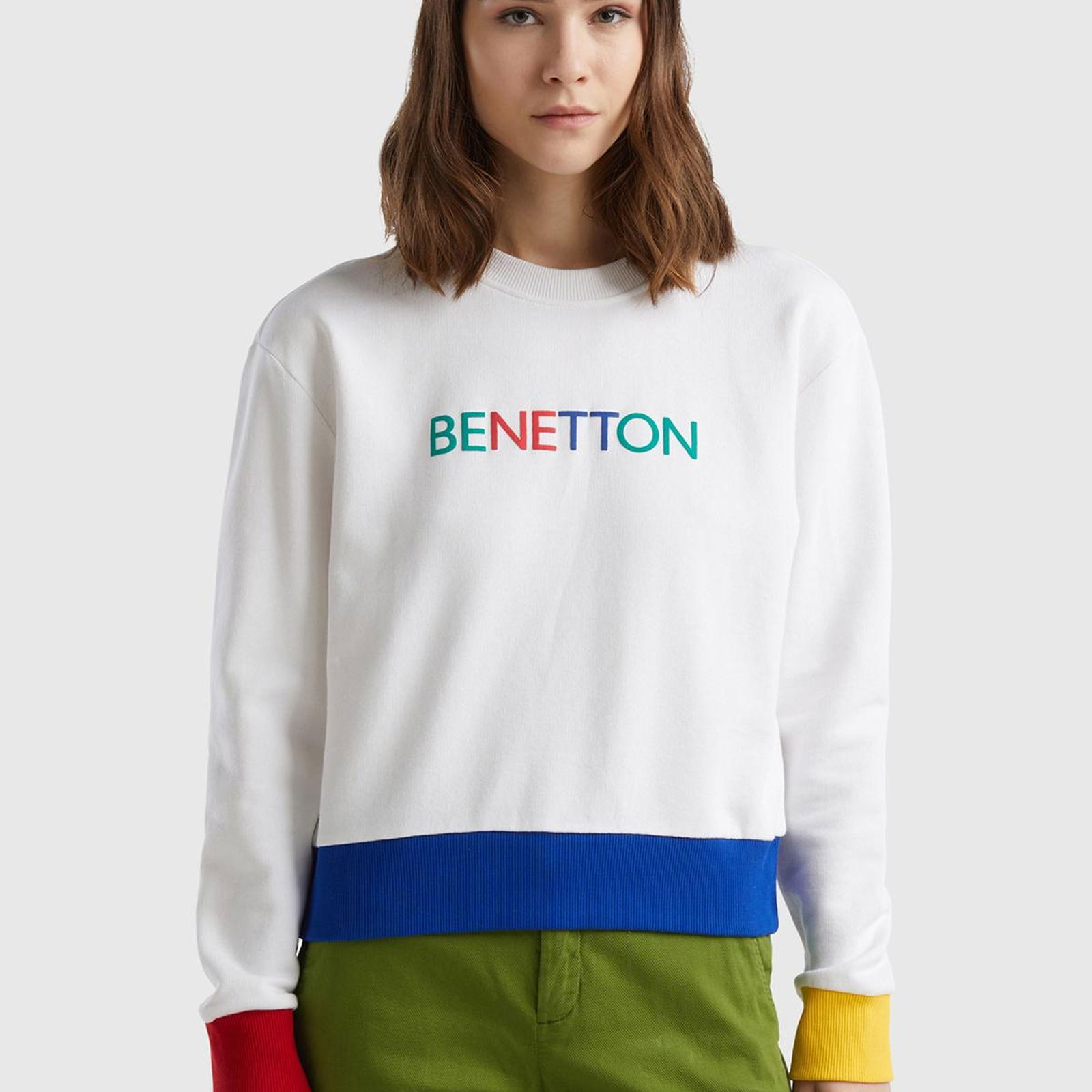 Kadın Beyaz Mix %100 Pamuk Benetton Yazılı Bisiklet Yaka Sweatshirt