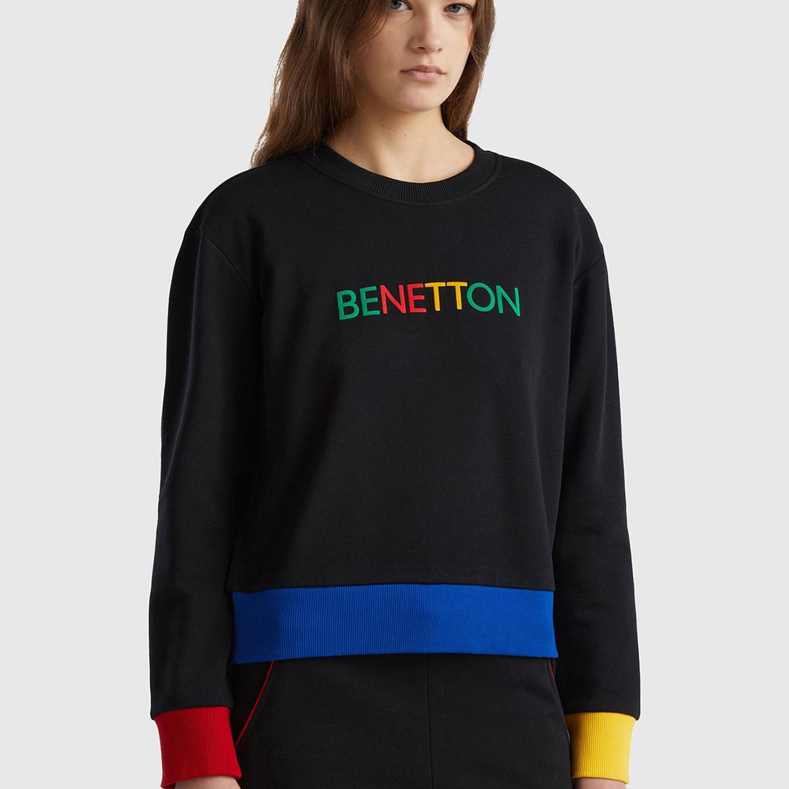 Kadın Siyah %100 Pamuk Benetton Yazılı Bisiklet Yaka Sweatshirt