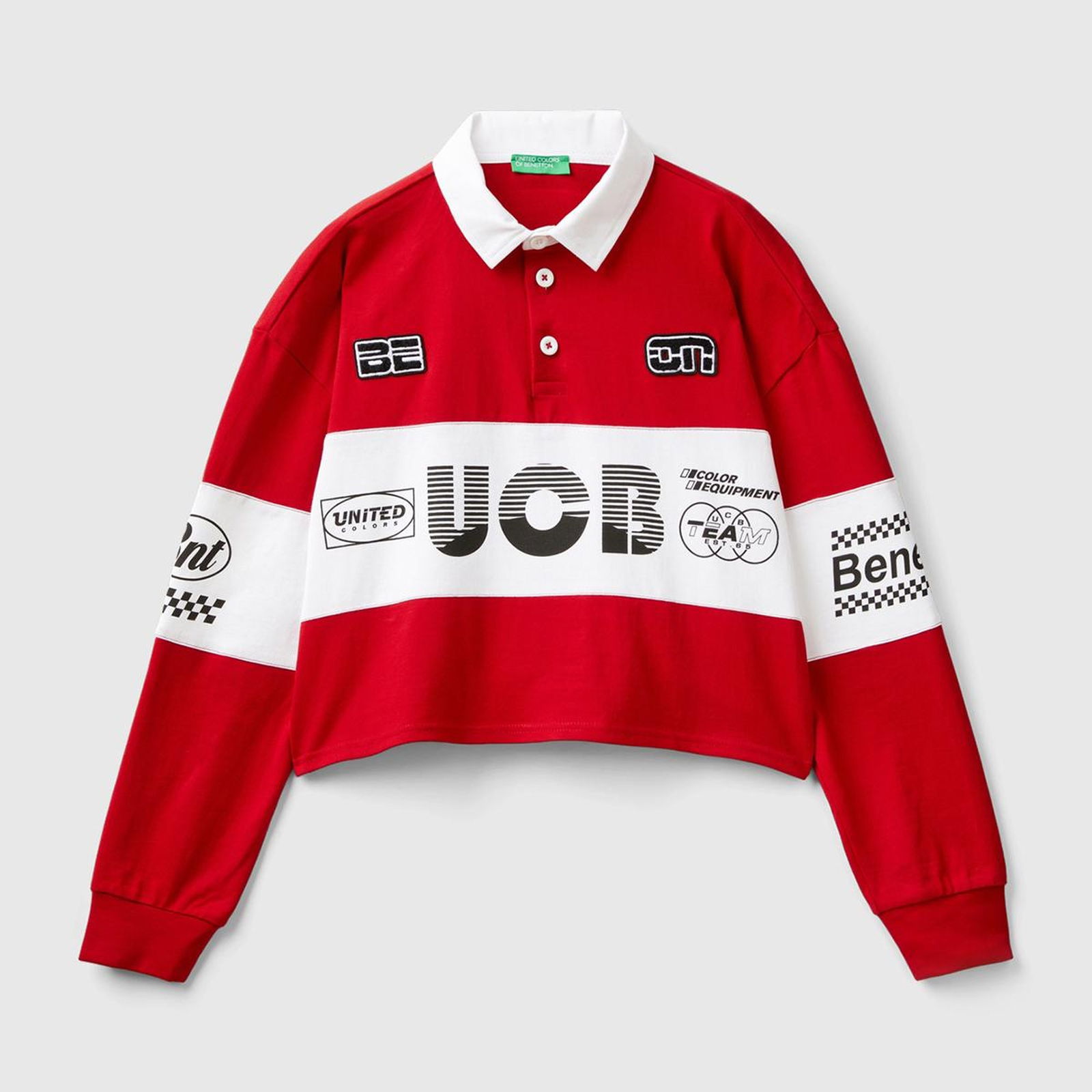 Kadın Kırmızı %100 Pamuk Logo Baskılı Renk Bloklu Polo Yaka Crop Sweatshirt