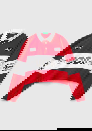  Kadın Kırmızı %100 Pamuk Logo Baskılı Renk Bloklu Polo Yaka Crop Sweatshirt