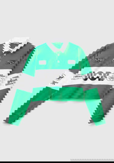  Kadın Yeşil %100 Pamuk Logo Baskılı Renk Bloklu Polo Yaka Crop Sweatshirt