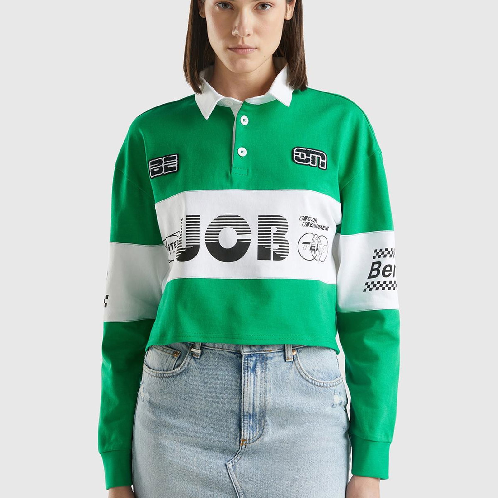 Kadın Yeşil %100 Pamuk Logo Baskılı Renk Bloklu Polo Yaka Crop Sweatshirt