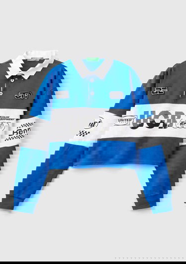  Kadın Saks Mavi %100 Pamuk Logo Baskılı Renk Bloklu Polo Yaka Crop Sweatshirt