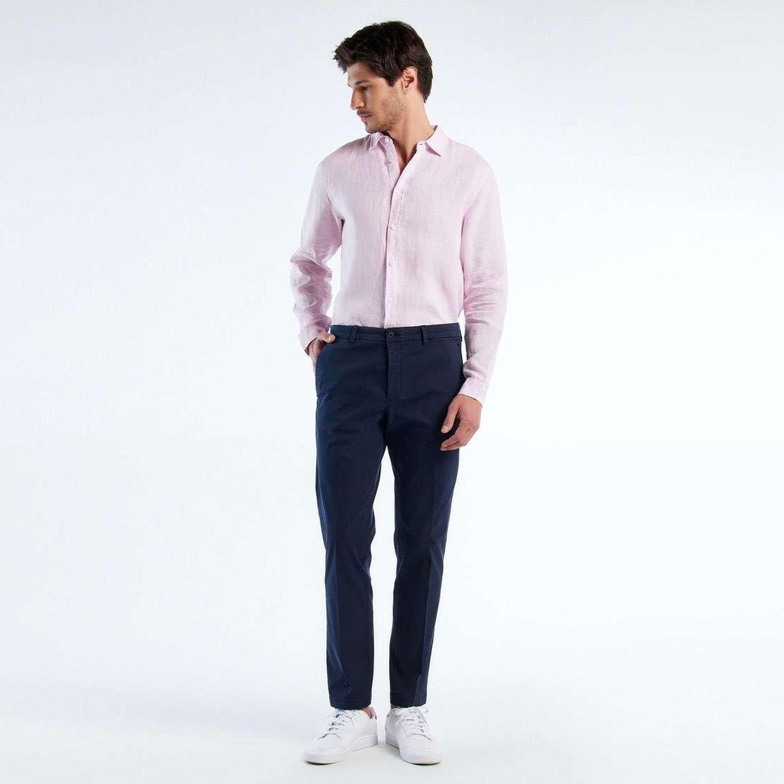 Erkek İndigo Önü Pileli Cebi Biyeli Slim Fit Chino Pantolon