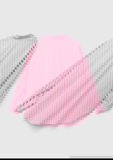  Kadın Pembe Streç Pamuklu Logo Detaylı Çizgili Uzun Kollu Gömlek