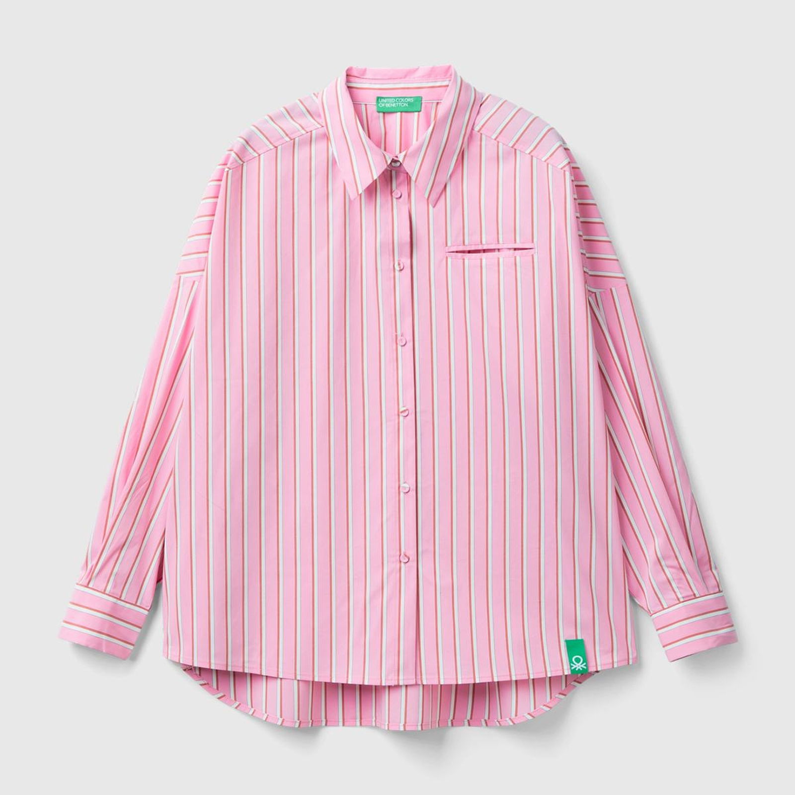 Kadın Pembe Streç Pamuklu Logo Detaylı Çizgili Uzun Kollu Gömlek