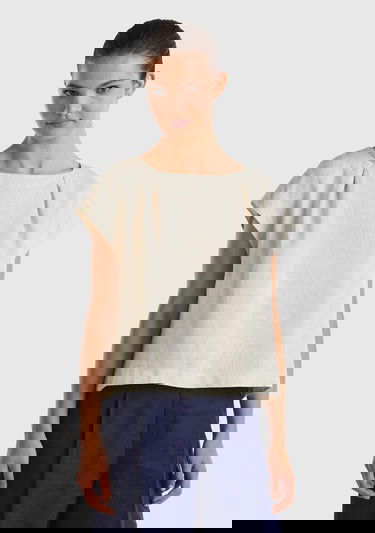  Kadın Bej %100 Keten Arkası Uzun Kayık Yaka Crop Bluz