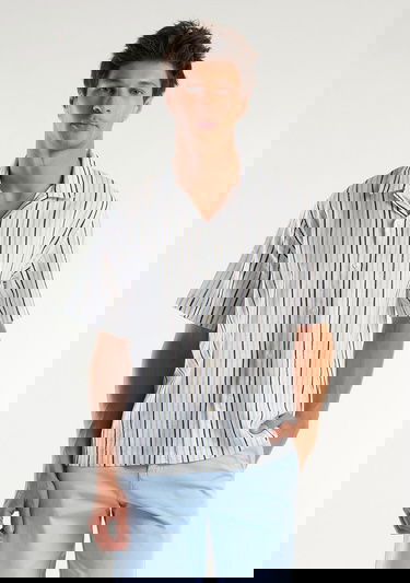  Erkek Beyaz Mix Keten Karışımlı Desenli Kısa Kollu Gömlek