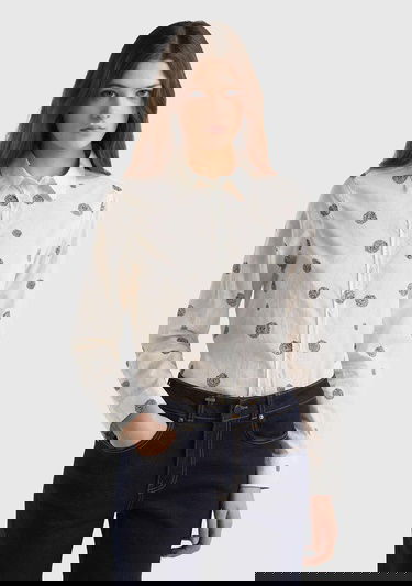  Kadın Beyaz Mıx %100 Koton Desenli Gömlek