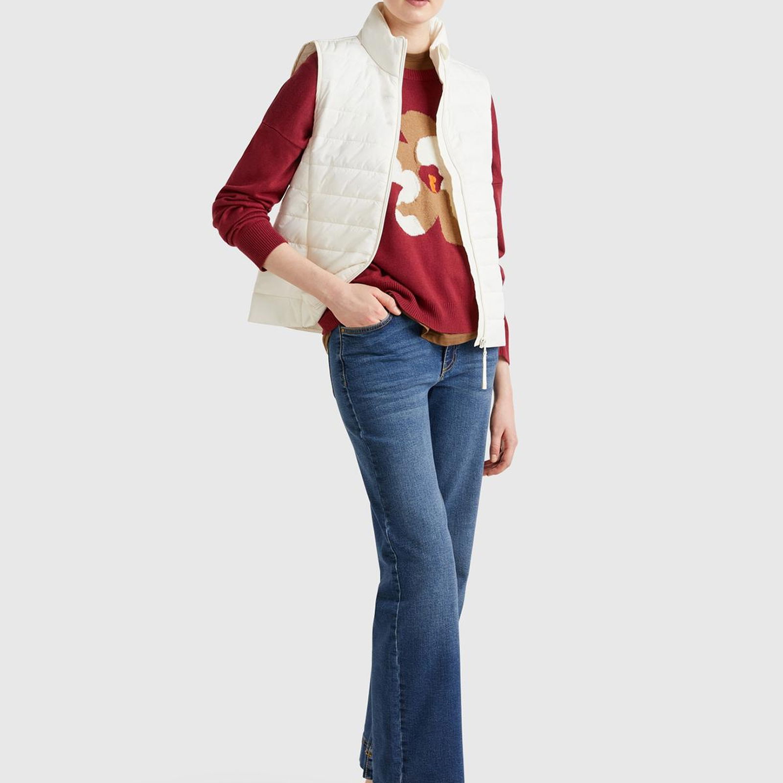 Kadın Krem Polyester Dolgulu Fermuarlı Slim Fit Pufa Yelek