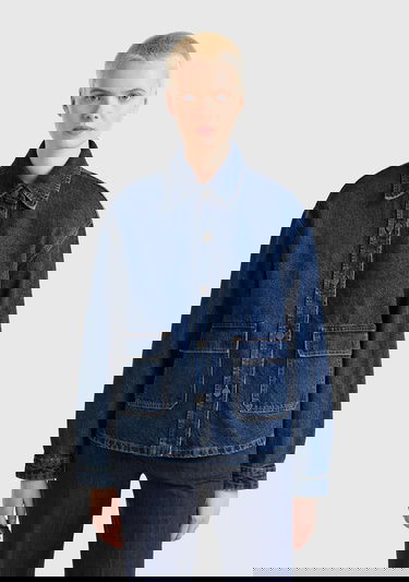  Kadın Koyu Mavi %100 Pamuk Cepli Düğmeli Oversize Denim Ceket