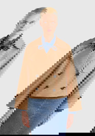  Kadın Bej Pamuklu Önü ve Kolu Düğmeli Astarlı Crop Ceket