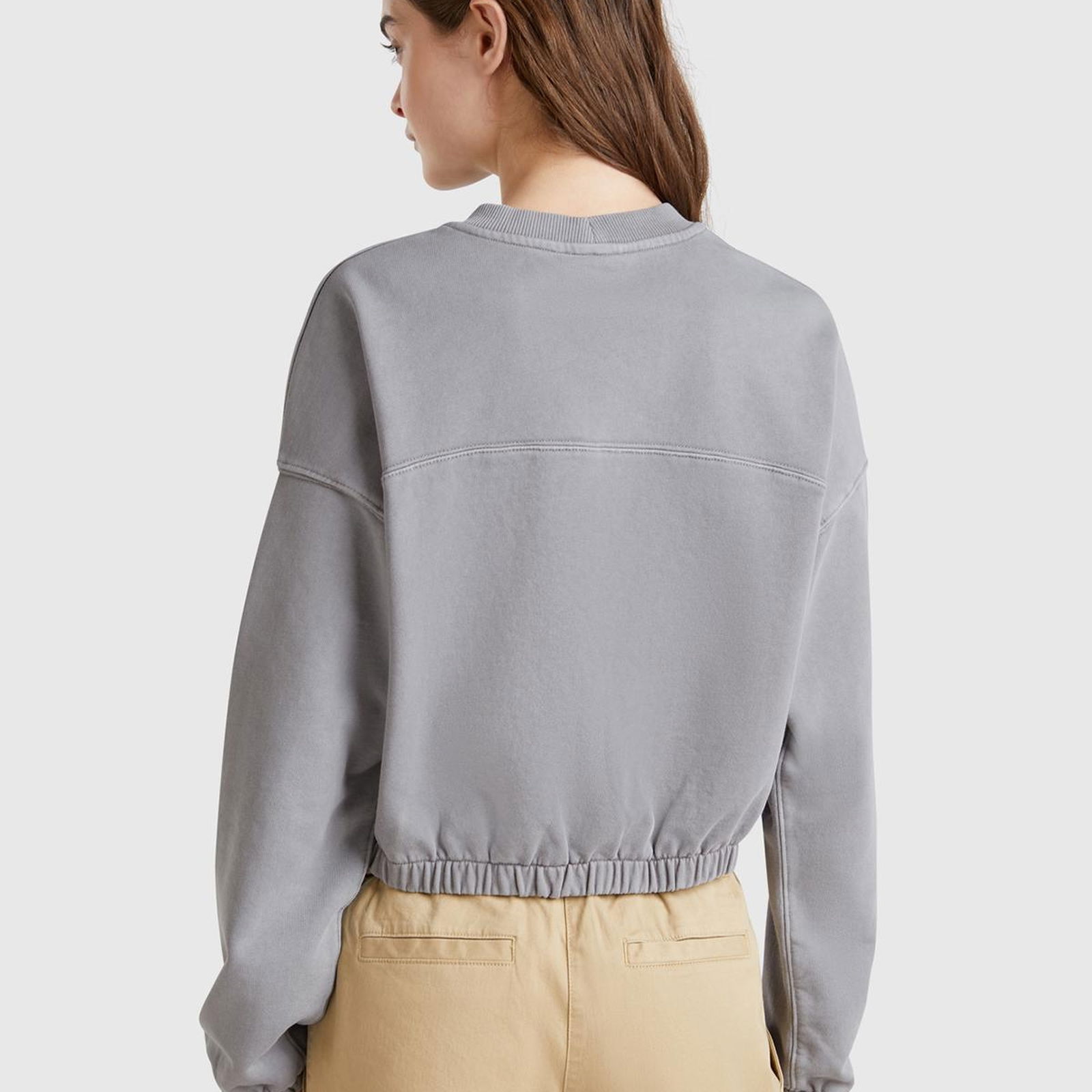 Kadın Antrasit %100 Pamuk Logo Baskılı Düşük Omuzlu Relax Fit Sweatshirt