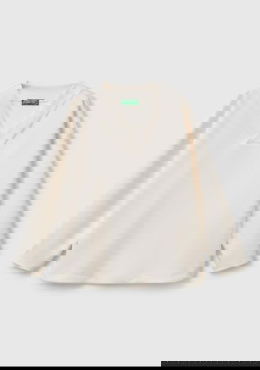  Kadın Krem Modal Karışımlı V Yaka Uzun Kollu Sweatshirt